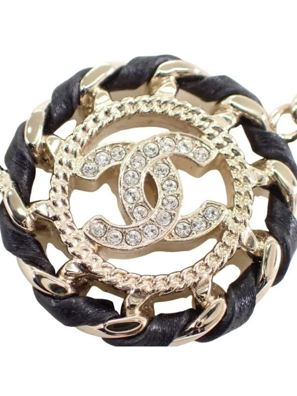 Chanel CC Logo Choker Pendant Metal Leather Strass with Champagne Gold